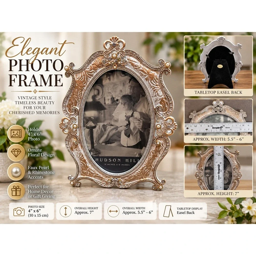 Hudson Hill Ornate Oval Photo Frame 4x6 Vintage Gold Floral Pearl Rhinestone